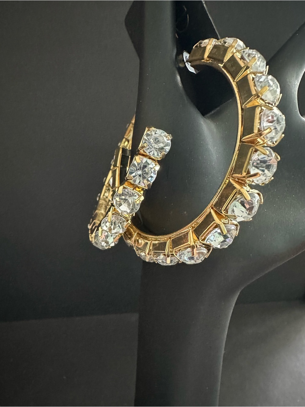 New Huge Clear Rhinestone Hoop Earrings Bling Gold Tone In Package